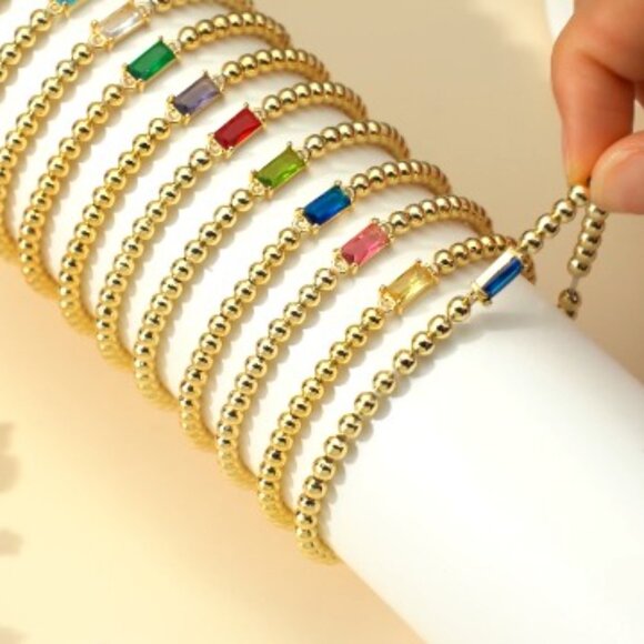 Dainty Elastic Birthstone Bracelet 14K Gold Plated Minimal Chic Jewelry Gift - Picture 8 of 8